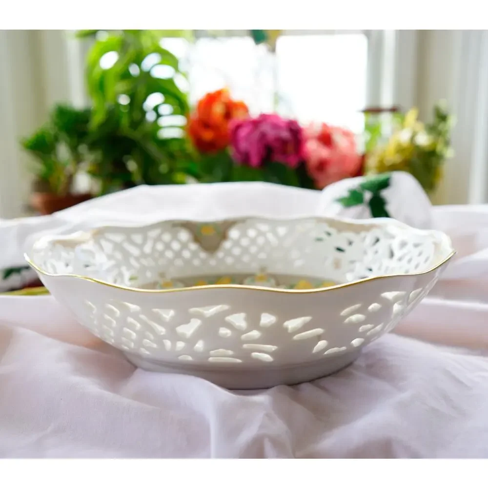 Vintage Oscar De La Renta Jonquil Floral Reticulated Serving Bowl West Germany